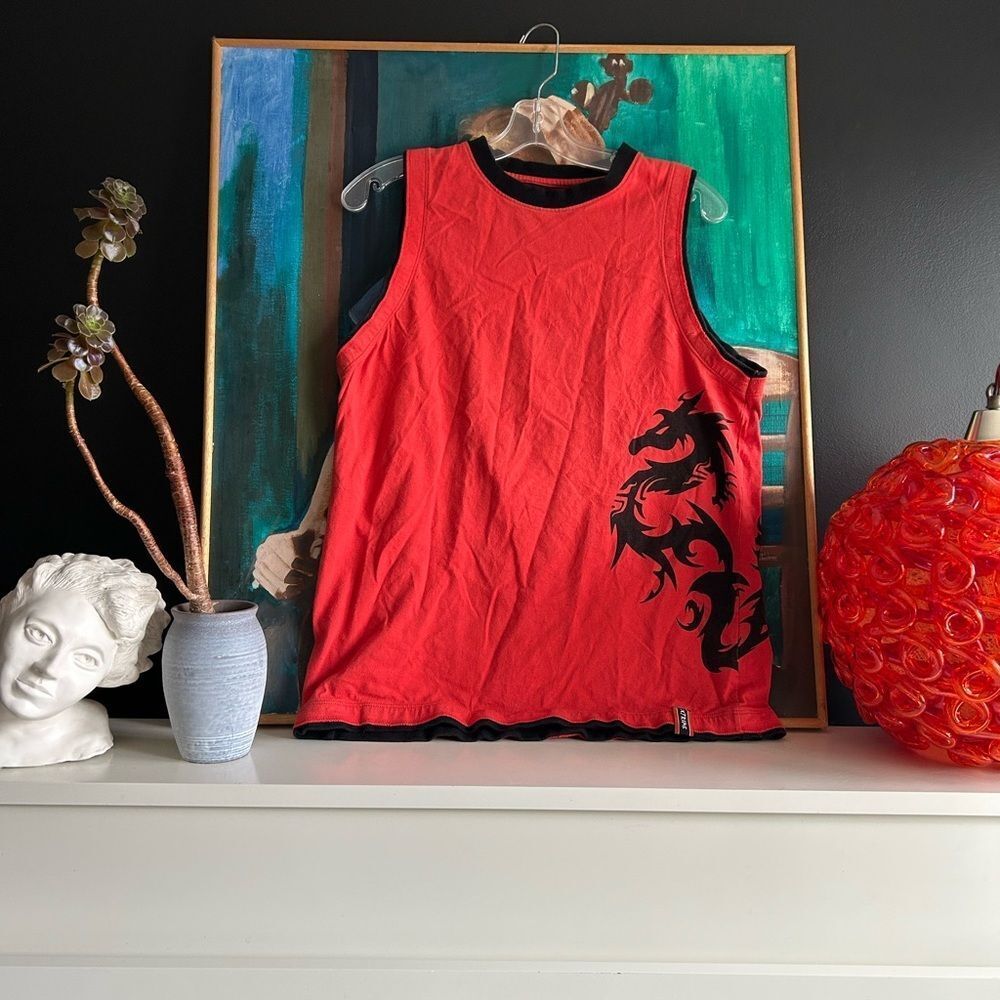 Vintage Red Tank Top with Black Dragon Design